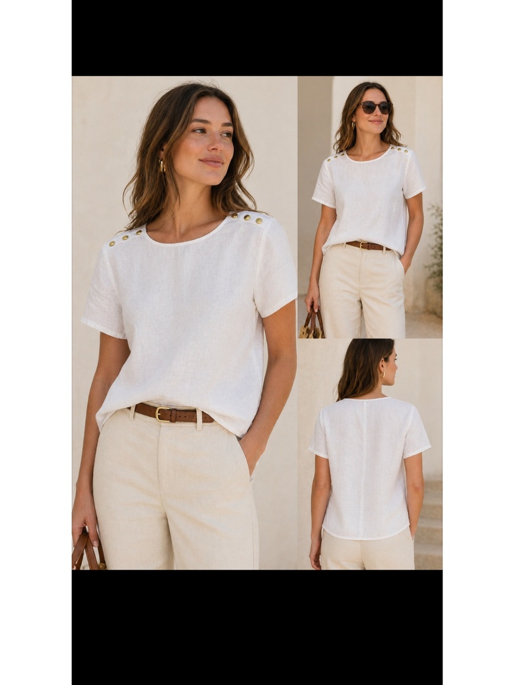 J. Crew White Short-Sleeve Linen Top with Gold Shoulder Buttons Size Med NWT